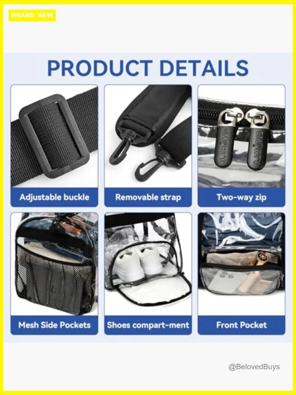 Large Heavy Duty Clear Duffel Bag with Shoe Compartment Stadium Approved